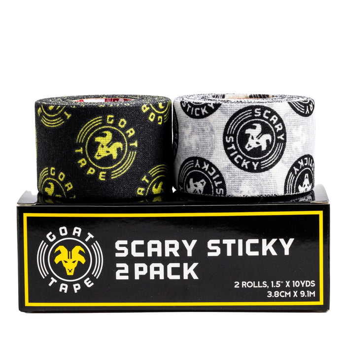 Goat Tape Scary Sticky Premium Athletic Tape, Weightlifting Tape, Thumb Tape for Hook Grip, for The Toughest Fitness Workouts and Lifts, White & Black/Black & Yellow, 2 Rolls