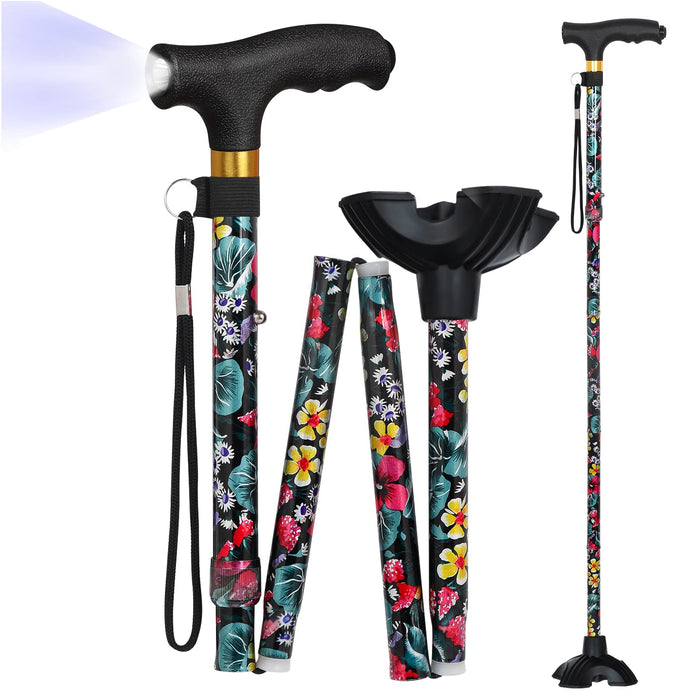 JUNRA Walking Cane for Women with LED Light, Folding Cane for Men/Seniors, Quad Cane with Stable Base, Lightweight and Adjustable Walking Stick for Women(Red Flowers)