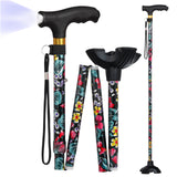 JUNRA Walking Cane for Women with LED Light, Folding Cane for Men/Seniors, Quad Cane with Stable Base, Lightweight and Adjustable Walking Stick for Women(Red Flowers)