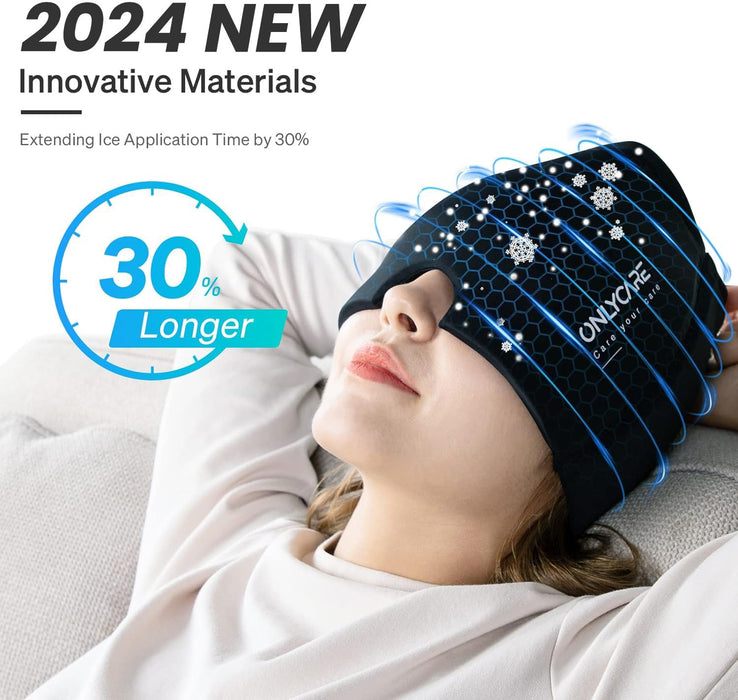 ONLYCARE Migraine Relief Cap, Upgraded Odorless Migraine Ice Head Wrap, Headache Relief Hat for Migraine, Black 2 Packs