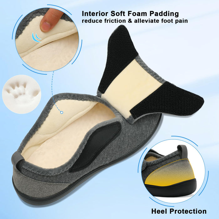 Mens Wide Slippers Comfy Diabetic Orthopedic Shoes Adjustable House Slippers Elderly Swollen Feet Home Shoes Hospital Recovery Slippers Size