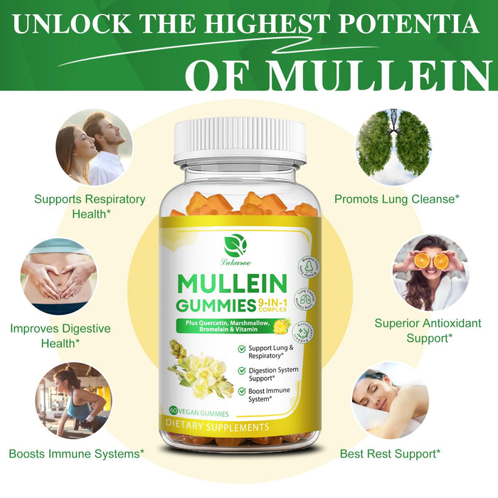 (2 Pack) 9 in 1 Mullein Gummies for Lung Cleanse, Extra Strength 10000 MG(10:1 Extract) Mullein Leaf Extract w/Quercetin, Bromelain, Elderberry & Marshmallow for Respiratory, Immune, Vegan,120 Count