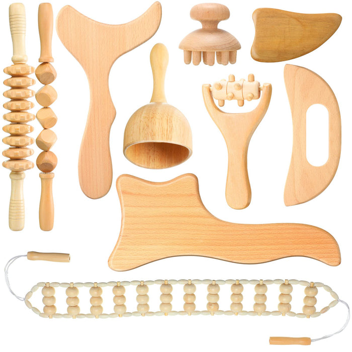 Chumia 10 Pieces Wood Massage Tools Wooden Maderoterapia Kit Therapy Tools Massage Roller Lymphatic Drainage Health Care for Neck Leg Back Arm Body Muscle Pain Relief