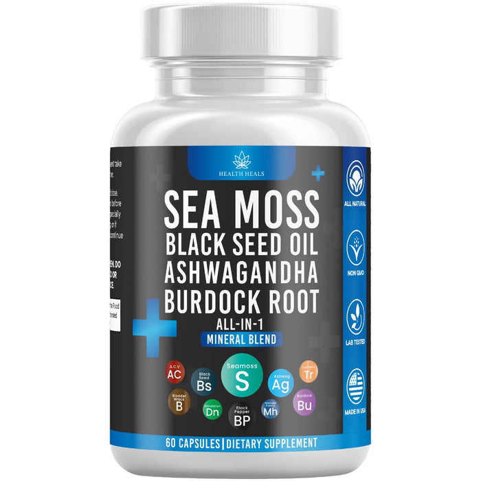 Health Heals Silicon Sea Moss 3000 Black Seed Oil 2000 Ashwagandha 1000 Bladderwrack 1000 Burdock 1000-60 Count