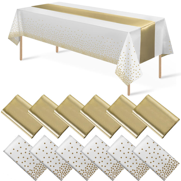 12Pack Disposable Plastic Tablecloths and Satin Table Runner Set White and Gold Dot Tablecloth Gold Satin Table Runner for Wedding Birthday Baby Shower Anniversary Christmas New Year Party Supplies