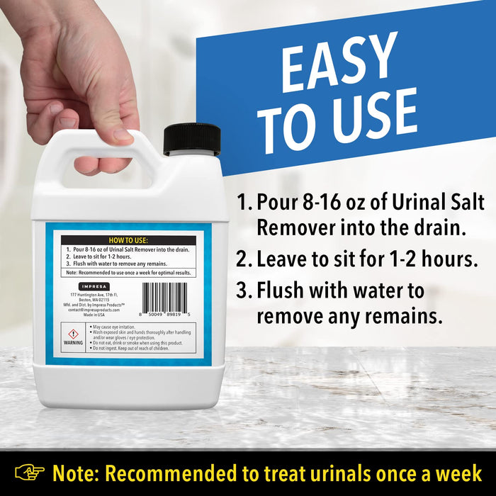 IMPRESA Urinal Salt Cleaner - Odor-Eliminating Urinal Cleaner - Plumbing-Safe Pipe Cleaner for Rust - Drain Calcium Remover - Lime, Mineral & Calcium Deposit Remover - Rust Remover for Metal - 32oz