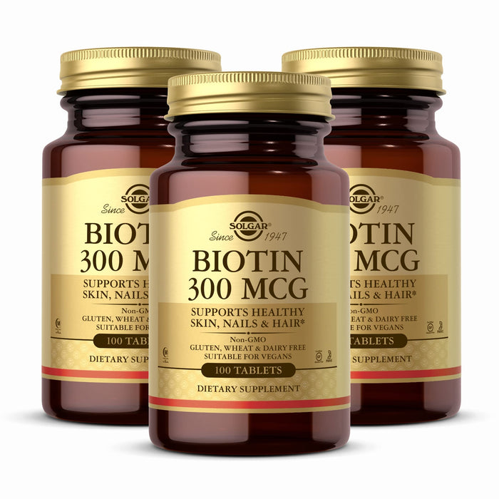 SOLGAR Biotin 300 mcg - 100 Tablets, Pack of 3 - Supports Healthy Skin, Nails & Hair - Non-GMO, Vegan, Gluten Free, Dairy Free, Kosher, Halal - 300 Total Servings