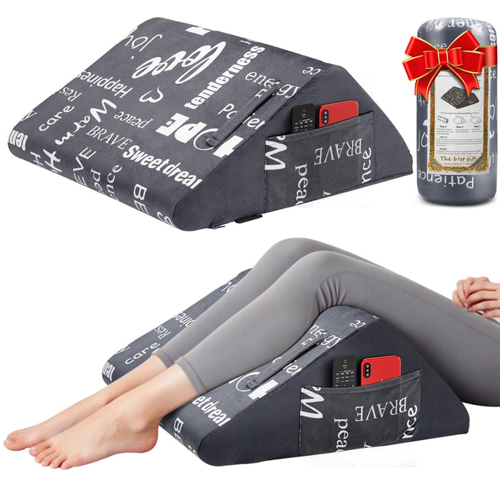 MYLIFESION Knee Wedge Pillow, Leg Elevation Triangle Pillow for Post Surgery, Back Pain Relief, Bed Wedge Pillowcase for Sleeping with Removable Cover and Positive Energy Words