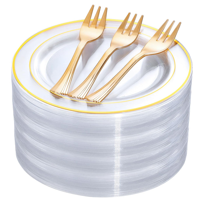 DaYammi 240 Pcs Gold Dessert Plates Set Includes 120 Gold Disposable Salad Plates 6.5" 120 Gold Plastic Forks 5.7",Clear Gold Rim Cake Plates,Fancy Gold Appetizer Plates for Party and Wedding