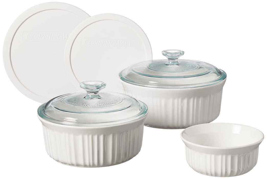 CorningWare French White 7-Pc Ceramic Bakeware Set with Lids Chip and Crack Resistant Stoneware Baking Dish, Microwave, Dishwasher, Oven, Freezer and Fridge Safe