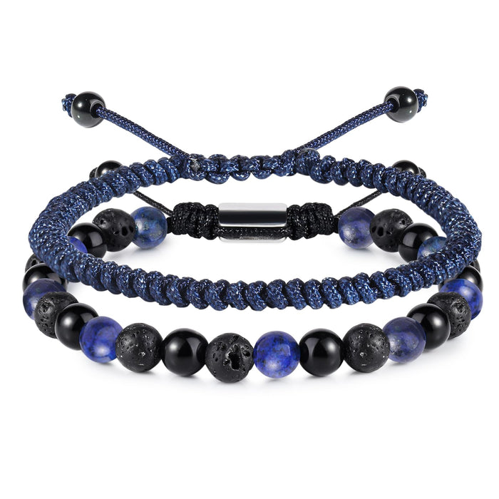 CARITATE Blue Beaded Bracelets for Men Boys - 6mm Lapis Lazuli Obsidian Lava Beads Mens Bracelet Set for Couples - Christmas Gifts Birthday Gifts Mens Jewelry for Boyfriend Husband Him