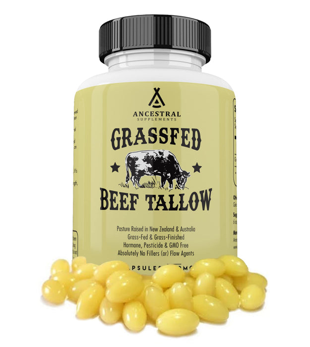 Ancestral Supplements Grass Fed Beef Tallow Capsules, 3000mg, Nourishing Kidney Fat Supplement Supports Bones, Teeth, Gums, Skin, Immune and Overall Health, Non-GMO, 180 Capsules