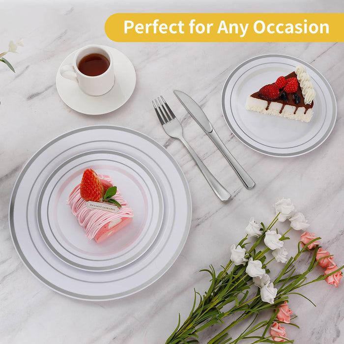 Goodluck 200PCS Silver Plastic Plates, Heavy Duty Disposable Gold Plates with 100 10.25 inch Dinner Plates and 100 7.5 inch Dessert Plates, Disposable Plates for Party, Holiday, Wedding