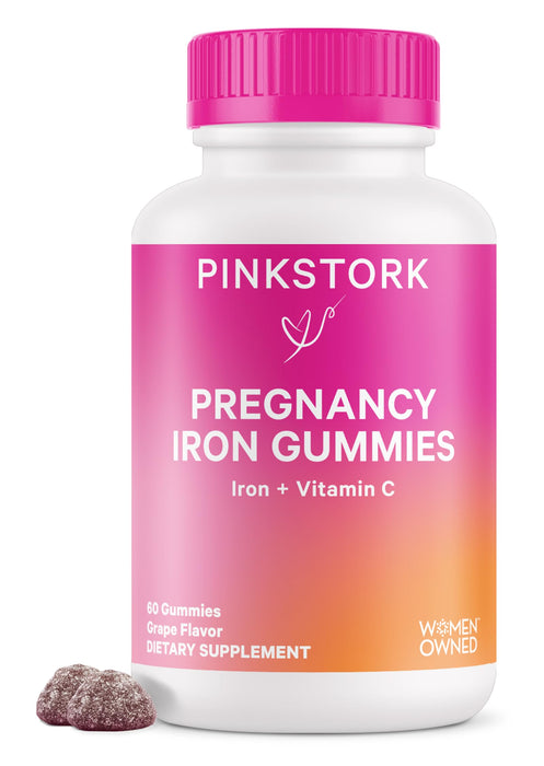 Pink Stork Prenatal Iron Supplement Gummies for Women - 20 mg Iron Gummy with Vitamin C - Grape Chewable for Iron Deficiency, Energy, & Blood Builder - 60 Gummy Chews