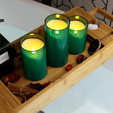 NURADA Flameless Candles: 3D Wick Battery Operated LED Pillar Candles - Acrylic Fake Candles with Remote and Timer for Home Holiday, Forest, Christmas, Theme Party, Table Decor - 3 Pack Green