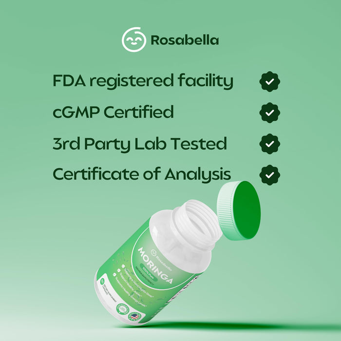 Rosabella Moringa Powder Capsules - 800mg of Pure Nutrient-Rich Moringa Powder - A Natural Green Antioxidant Superfood - Supports Energy, Skin Health, Gut Health+ - w/Essential Vitamins & Amino Acids