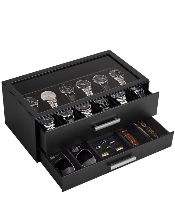 ProCase 12-Slot Watch Case for Men, 2-Tier Pull-Out Drawers Box -Black
