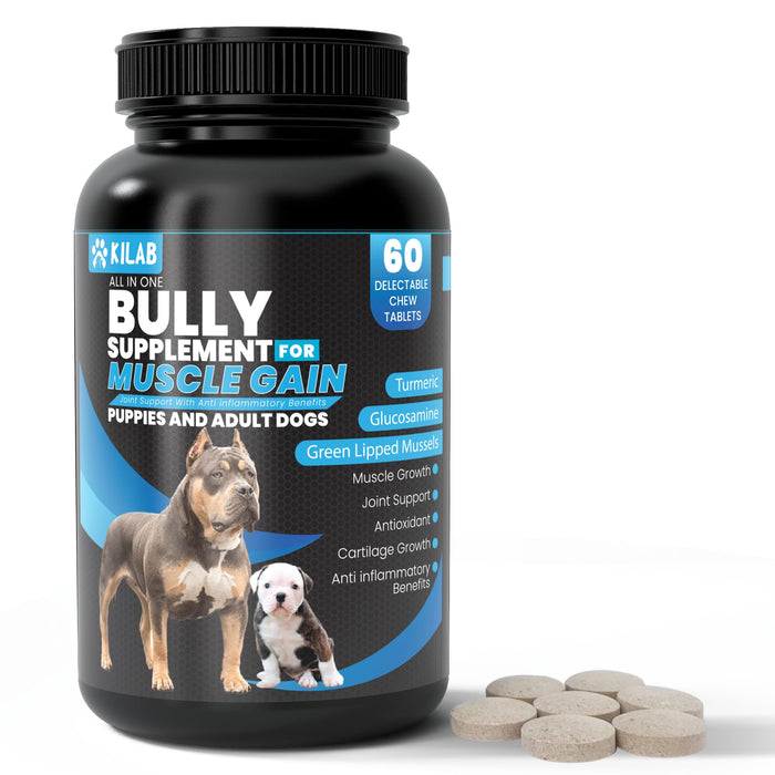 Kilab Dog Weight Gainer – 60-Count Muscle Builder Dog Supplement – Muscle Growth Supplement for Dogs, Puppies and Adults – Bully Growth Formula with Turmeric, Glucosamine, Green Lipped Mussels