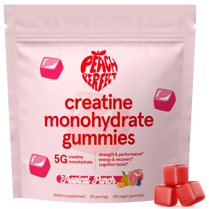Peach Perfect Creatine Monohydrate Gummies for Women & Men, Boost Focus, Strength, and Endurance, Vegan, Gluten-Free, Non-GMO, 5 Grams of Creatine per Serving, 30 SVG, Tropical Punch