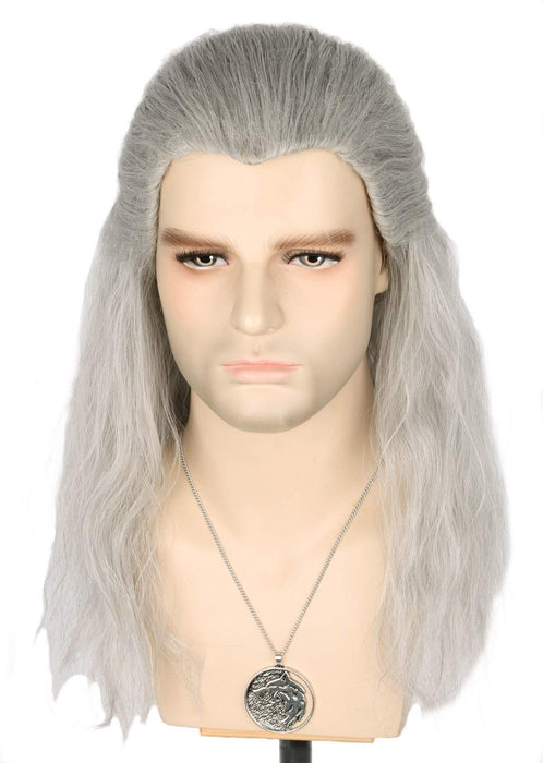 Topcosplay Long Curly Grey Wig for Men Cosplay Wig for Halloween Fancy Dress Party (Grey)