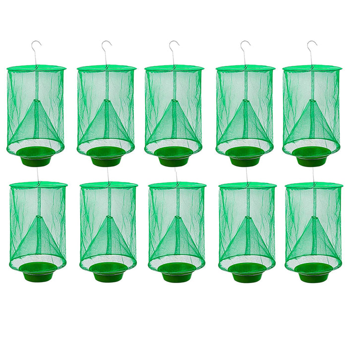 Ranch Fly Trap Outdoor Hanging Reusable with Fishing Apparatus | Food Bait Tray Catcher Cage for Indoor or Outdoor Family Farms, Park (10 Pack)
