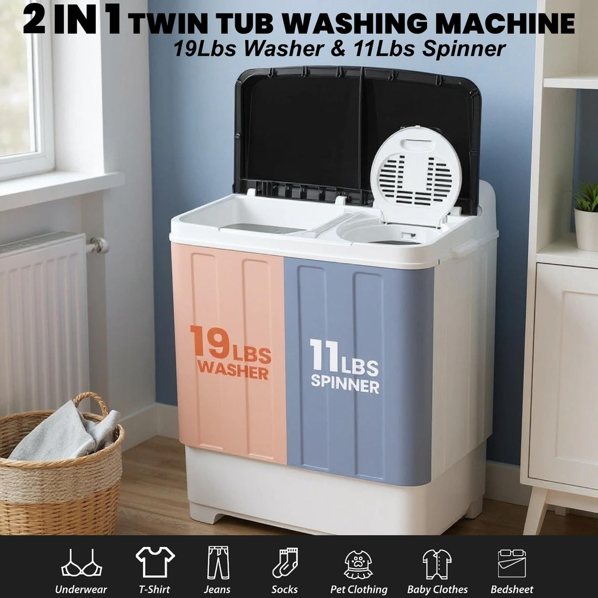 Nictemaw Portable 30Lbs Twin Tub Washing Machine Washer and Dryer Comb