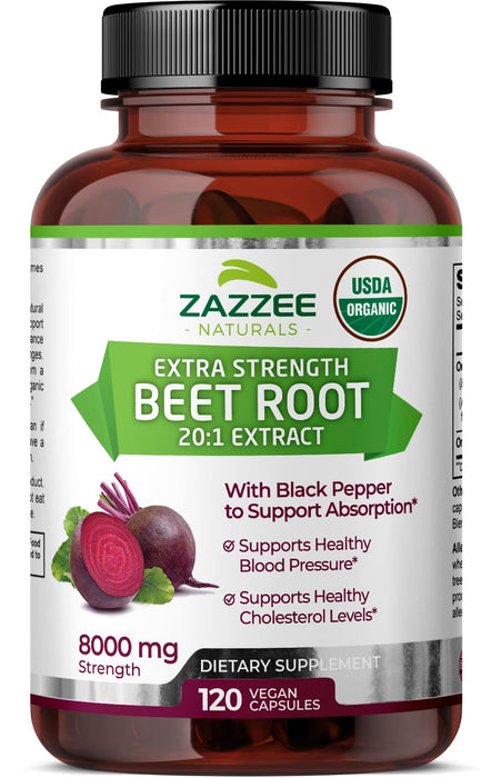 Zazzee USDA Organic Beet Root 8000 mg Strength 20:1 Extract, 120 Vegan Quick Release Capsules, Black Pepper Extract for Enhanced Absorption, Supports Nitric Oxide Production, Non-GMO, Made in The USA