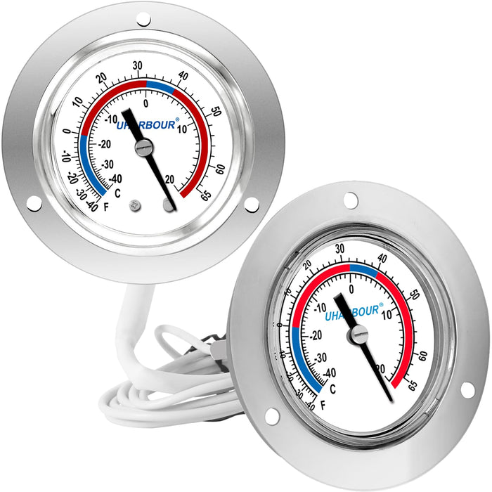 Uharbour Cooler Thermometer Commercial, Refrigerator Thermometer, Walk in Cooler Thermometer, Analog Panel Mount Thermometer, Range -40 to 65 ℉, 2" Dial Stainless Steel Flange(Pack of 2)