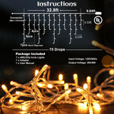 Icicle lights Outdoor - 33ft Christmas Lights with 400LED 75 Drops 8 Modes, Plug in Curtain String Lights Waterproof for Holiday Wedding Party Home Garden Bedroom Indoor Outdoor Decoration,Warm White