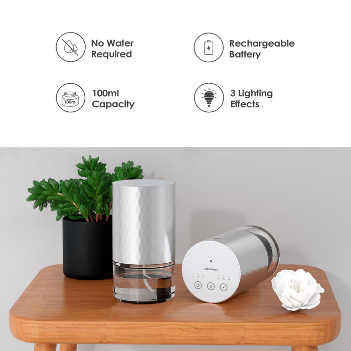 Airversa Waterless Diffuser for Essential Oil 𝟭𝟬𝟬𝗺𝗹 Capacity Battery Operated Aromatherapy Nebulizer Mini Scent Air Machine 1/2/3H/Continous 3 Mist Level 3 Lighting Effects(Scenta Shine Silver)