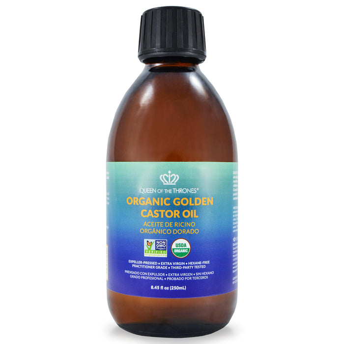 QUEEN OF THE THRONES Organic Golden Castor Oil - 8.45oz (250mL) | 100% Pure & Expeller Pressed for Hair, Skin & Digestion | Hexane Free | USDA Certified