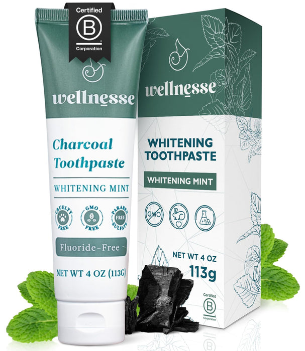 Wellnesse Activated Charcoal Whitening Toothpaste with Xylitol - Natural Teeth Whitening & Breath Freshness + Fluoride-Free, Vegan, No Glycerin - Whitens, Strengthens, & Purifies