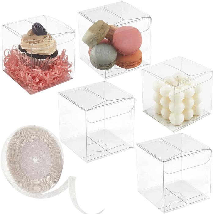 Jutieuo 45pcs Pack Clear Plastic Party Favor Boxes 2x2x2 Inches with Ribbons, Transparent Cube Treat Boxes for Candy Cupcake Goodie Gift, Individual Hot Cocoa Bomb Packaging Box