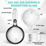 Large Magnifying Glass with Lights,10X 25X 45X Handheld Lighted Magnifier, 5.5in Page Magnifier 36 LED Lights, Magnifying Glass for Reading Small Prints & Low Vision Seniors with Aging Eyes