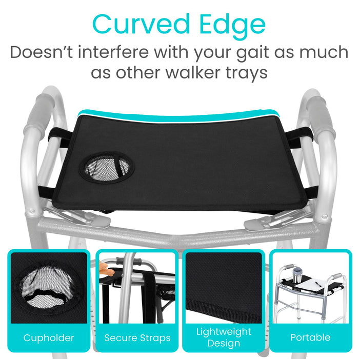 Vive Walker Tray for Folding Walker - (w/Cup Holder) - Adult Mobility Accessories - Fits Standard Walkers - Medical Table for Seniors Non Slip Mat for Food - Removable & Easy Assembly