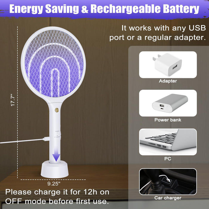 Electric Fly Swatter Racket 3000V Bug Zapper 2 in 1 Mosquito Zapper USB Rechargeable, 1200mAh Mosquitoes Killer Lamp & Fly Zapper with 3 Layer Safety Mesh for Home, Bedroom, Kitchen, Patio (2 Pack)