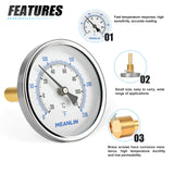 MEANLIN MEASURE 1/2" NPT Bimetal Thermometer for Hot Water, Boilers and Pipes, 3" Dial, 4" Lead-Free Brass Stem, Temperature Range 0-250°F/-20-120°C, Accuracy 2%, Center Back Mount