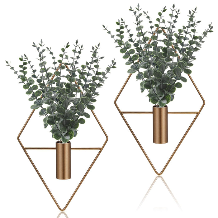 Jexine 8 Pcs Hanging Planters with Artificial Eucalyptus Metal Hanging Vase Indoor Plants Holder Modern Geometric Boho Bathroom Wall Decor for Living Room Home Office (Eucalyptus,Bronze)