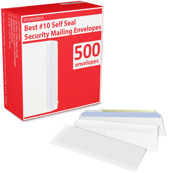 #10 Envelopes Letter Size Self Seal, Business White Security Tinted Peel and Seal, 500 Pack Windowless, Legal Size Regular Plain Envelopes 4-1/8 x 9-1/2 Inches - 24 LB Envelops