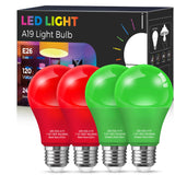 Red and Green Light Bulbs 【4 Pack 】, A19 LED Christmas Light Bulbs, 9W E26 Red Light Bulbs Green Light Bulbs 720LM Red Bulbs Green Bulb Outdoor for Halloween Christmas Lighting, Porch, Non-Dimmable