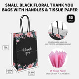 DjinnGlory 50 Pack Small Black & Floral Thank You Paper Bags Spring Gift Bags with Handles 9 x5.5 x3.15 Inches and 24 Pink Tissue Paper for Mother's Day Wedding Baby Shower Birthday Parties