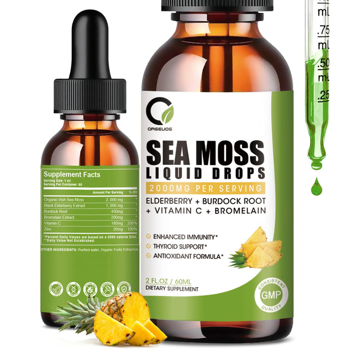 ORGEUOS Sea Moss Drops 2000mg, Irish Sea Moss Supplement Supports Immunity, Digestion & Joint, with Black Elderberry, Burdock Root, Bromelain, Vitamin C and Zinc, 2 Fl.Oz, Pineapple Flavor