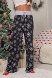 iChunhua Women Christmas Pajamas Elastic Waist Wide Leg Drawstring Palazzo Trousers Black Snowflake M