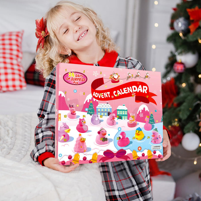 Pink Advent Calendar Christmas Ducks 2024 Kids - 24pcs Rubber Duck Advent Calendar 24 Days Christmas Countdown Toys Fun Duckies Bath Toys for Birthday Baby Shower Xmas Gifts Party Favors Kids Toddlers