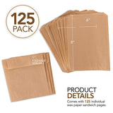 Paper Sandwich Bags Kraft Brown (125 Pack) Food Grade Bags with White Round Stickers for Sealing - Unbleached Compostable Natural Kraft Paper Stock Bags for Bakery Cookies, Treats, Snacks, Sandwiches