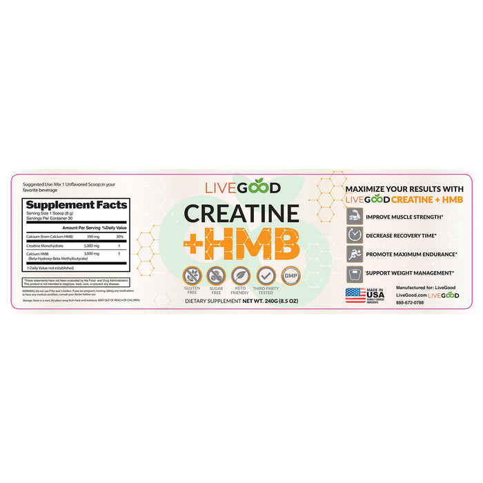 LIVEGOOD™ Creatine Plus HMB Supplement, 3g HMB for Muscle Strength & Recovery, 8.5oz.