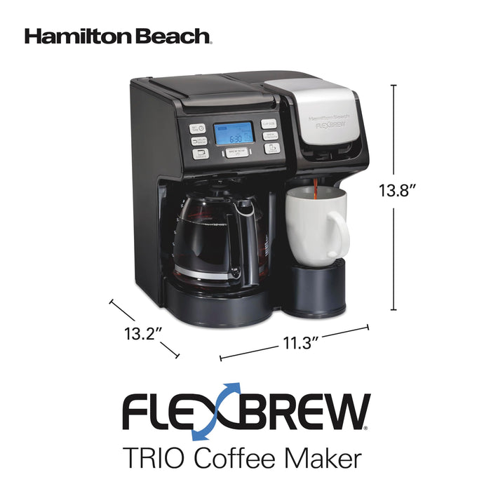 Hamilton Beach FlexBrew Trio 2-Way Coffee Maker, Compatible with K-Cup Pods or Grounds, Combo, Single Serve & Full 12c Pot, Black - Fast Brewing (49902)