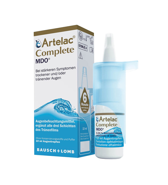 Artelac Complete MDO eye drops: Eye drop solution with a triple active principle (lipids, hyaluronic acid & carbomer) for dry eyes, practical pump bottle, 1x 10 ml