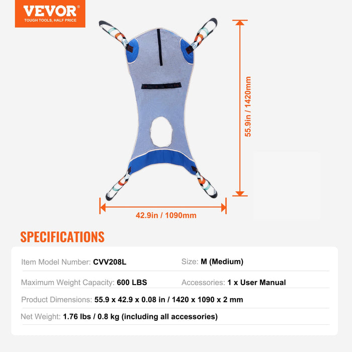 VEVOR Full Body Patient Lift Sling & Commode Opening, Patient Lift Medical Sling for Safe Bathing, Toileting, Polyester Patient Aid Commode Sling for Elderly, Disabled, Bedridden, 600LBS (Medium Size)