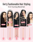 Waver Curling Iron Curling Wand - BESTOPE PRO 5 in 1 Curling Wand Set with 3 Barrel Hair Crimper for Women, Fast Heating Crimper Wand Curler in All Hair Type - Leather Pink